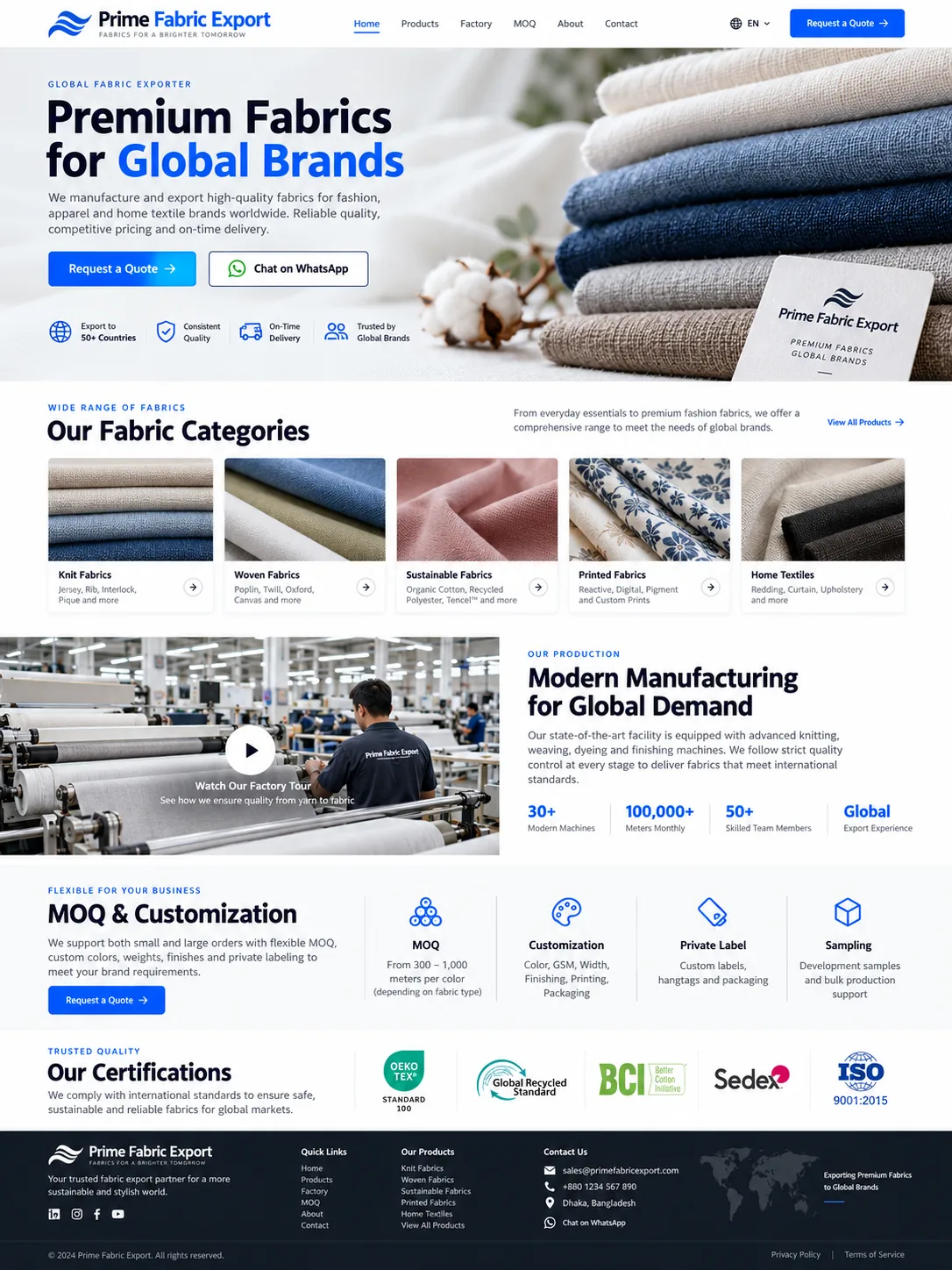 Prime Fabric Export textile website concept